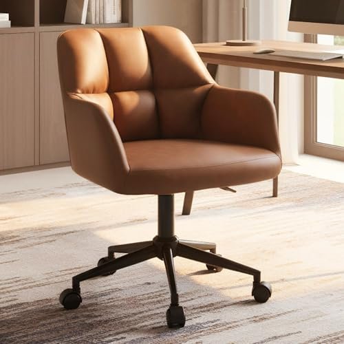 VESCASA Brown Home Office Desk Chair with Wheels Faux Leather Swivel Desk Chair Upholstered Adjustable Task Armchair for Teens Bedroom Livingroom with Comfy Square Tufted Mid